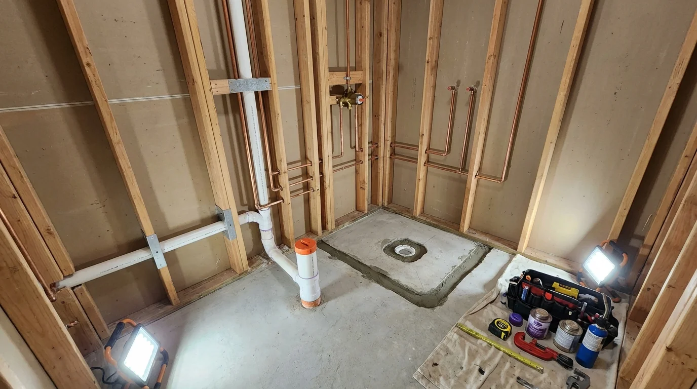 Bathroom rough-in plumbing during remodel by Johns Plumbing LLC in Wheeling