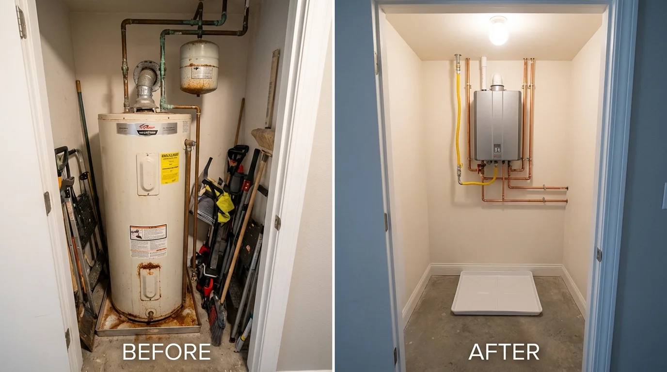 Tank water heater versus wall-mounted tankless unit comparison for Wheeling, WV homeowners